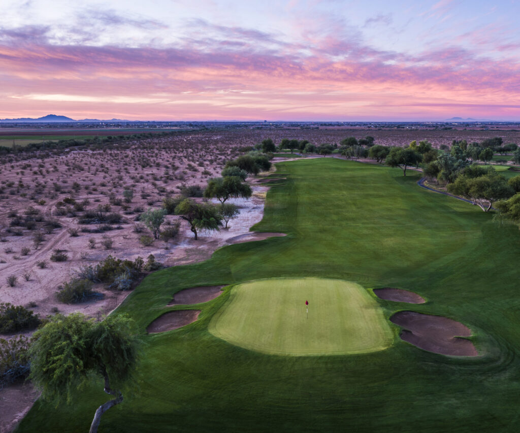 Piipaash Course fairway and green at sunrise at Talking Stick Golf Club, Scottsdale Arizona