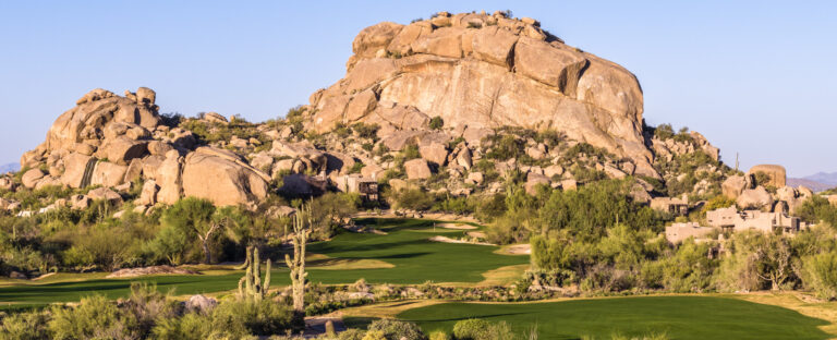 The Boulders golf hole below its giant boulder pile