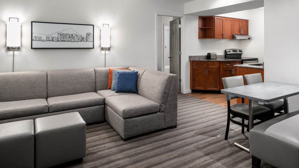 Kitchen and dining area of a two bedroom suite at Hyatt House Scottsdale Old Town