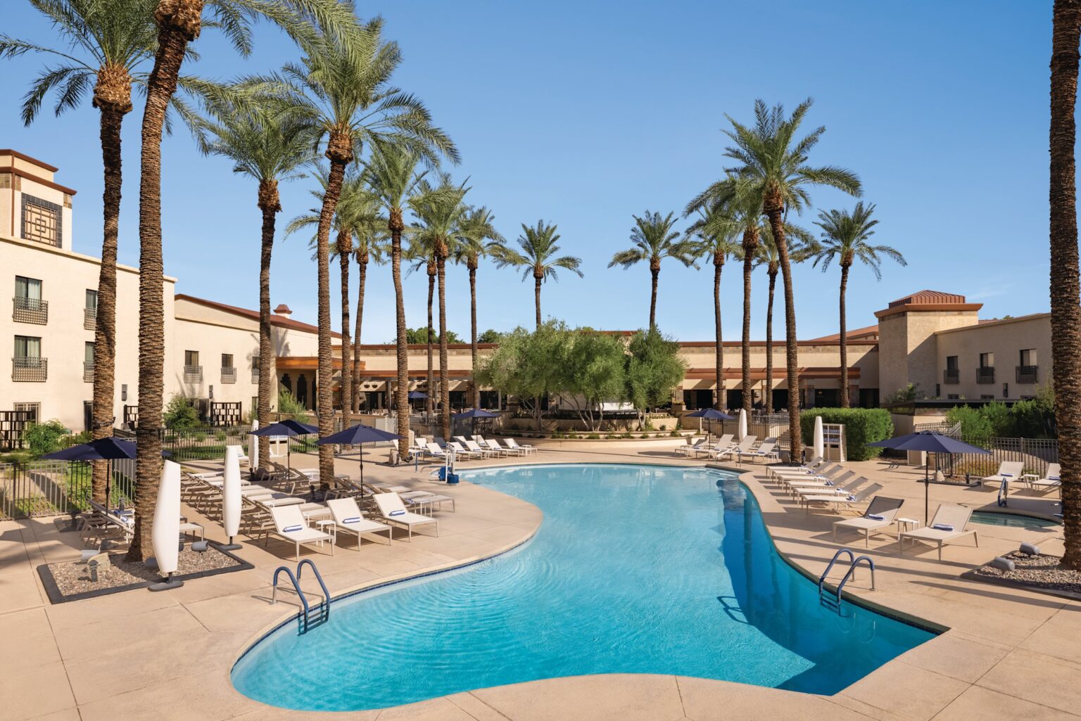 Main pool lined with palm trees at Hilton Scottsdale Resort and Villas, Scottsdale Arizona