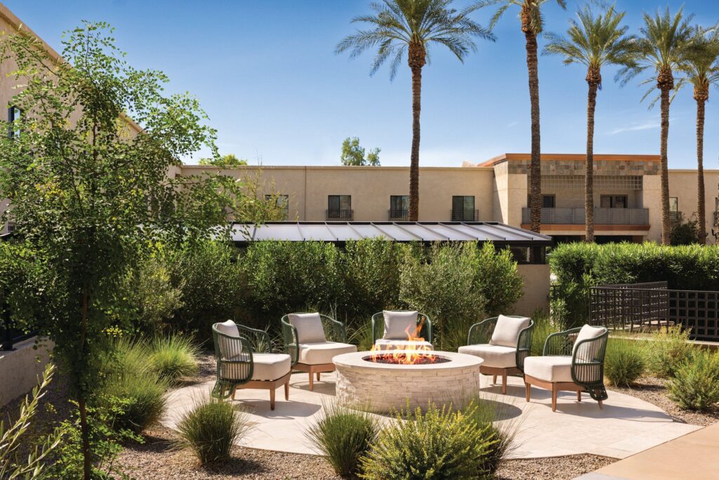 Pool deck fire pit at Hilton Scottsdale Resort and Villas