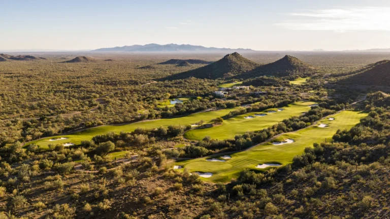 Aerial view of Quintero Golf Club fairways winding through the Sonoran Desert