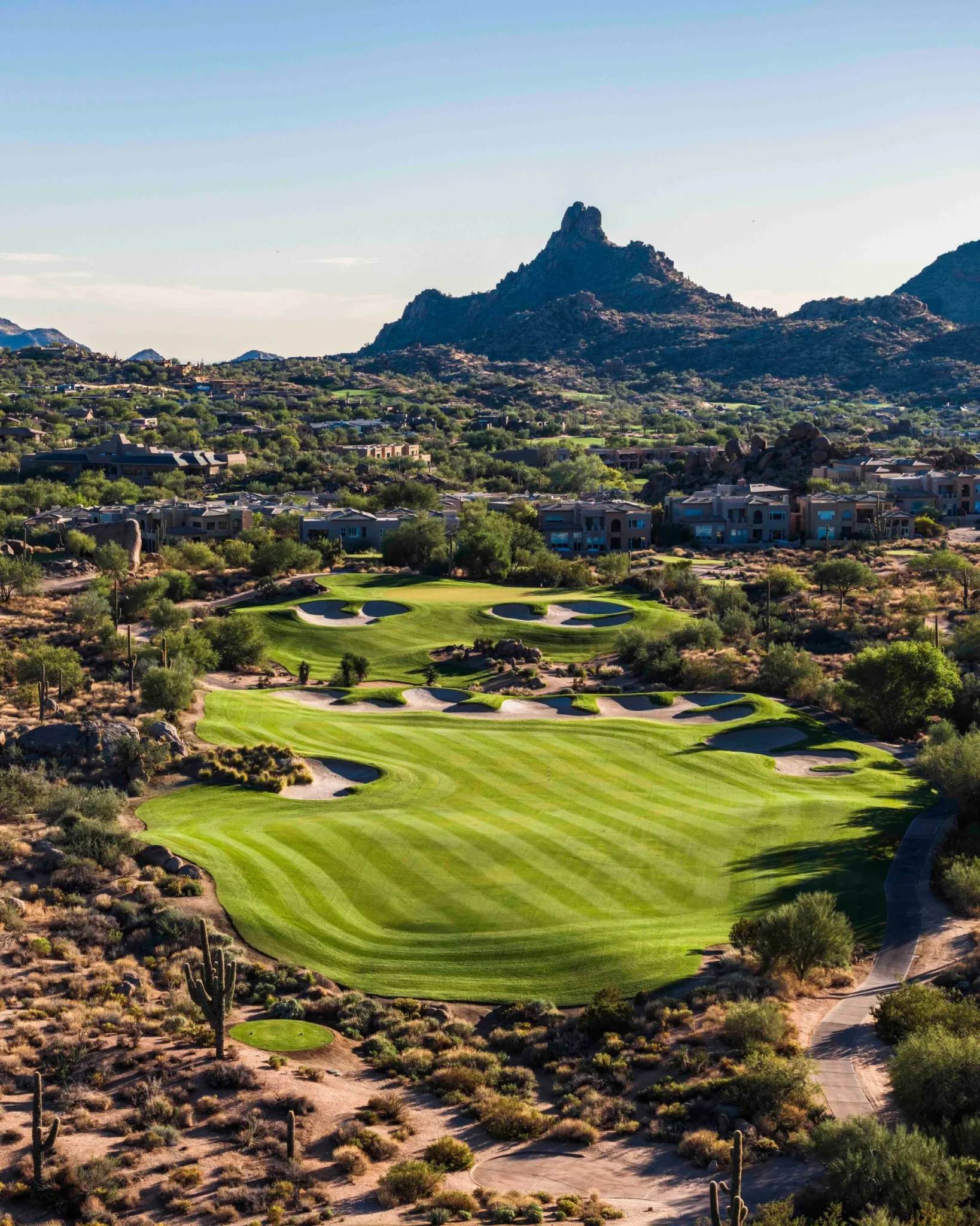 Troon North golf course fairways below Pinnacle Peak in North Scottsdale, Arizona