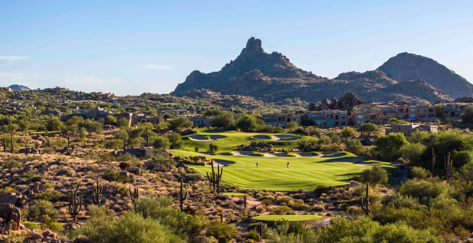 Troon North golf course fairways below Pinnacle Peak in North Scottsdale, Arizona
