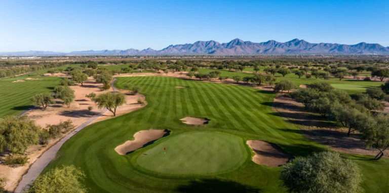 Talking Stick Golf Club green and striped fairway with the McDowell Mountains beyond