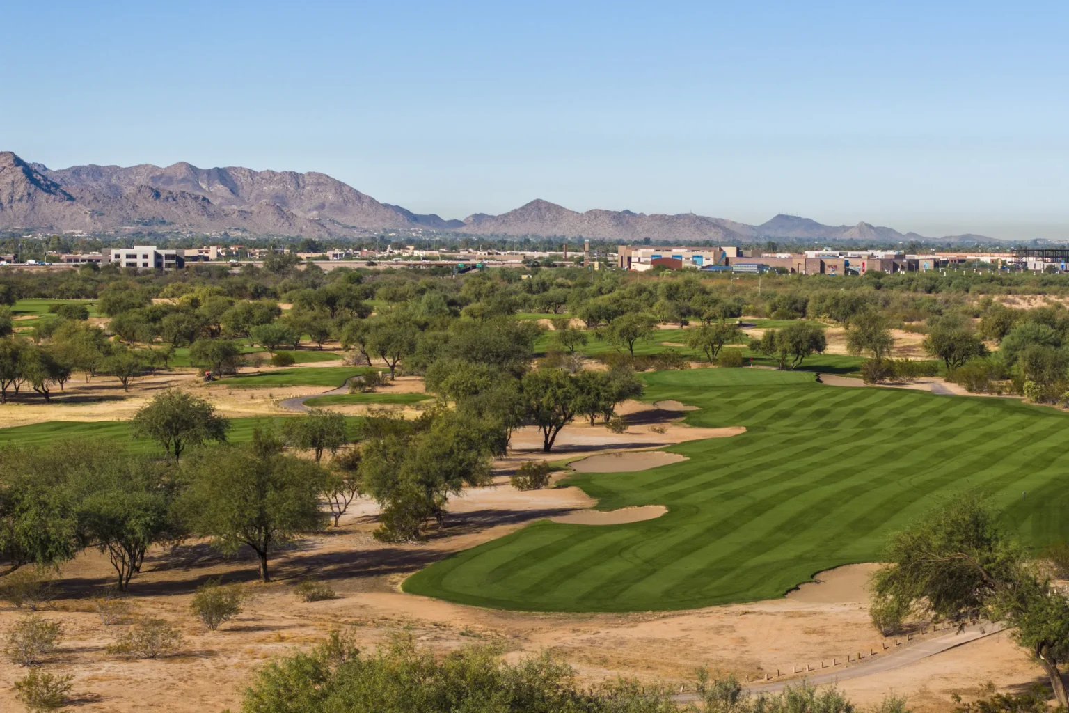 Striped fairway lined by desert trees with the McDowell Mountains behind at Talking Stick Golf Club, Scottsdale Arizona
