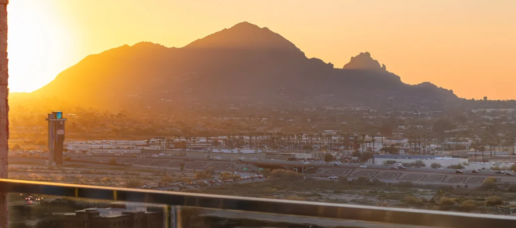 Sunset view of Camelback Mountain from Orange Sky at Talking Stick Resort